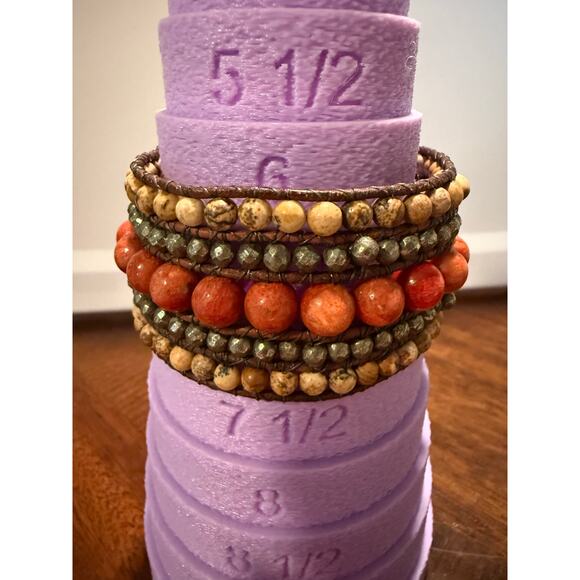 Beaded Leather Wrap Bracelet BOHO Button - Picture 1 of 3